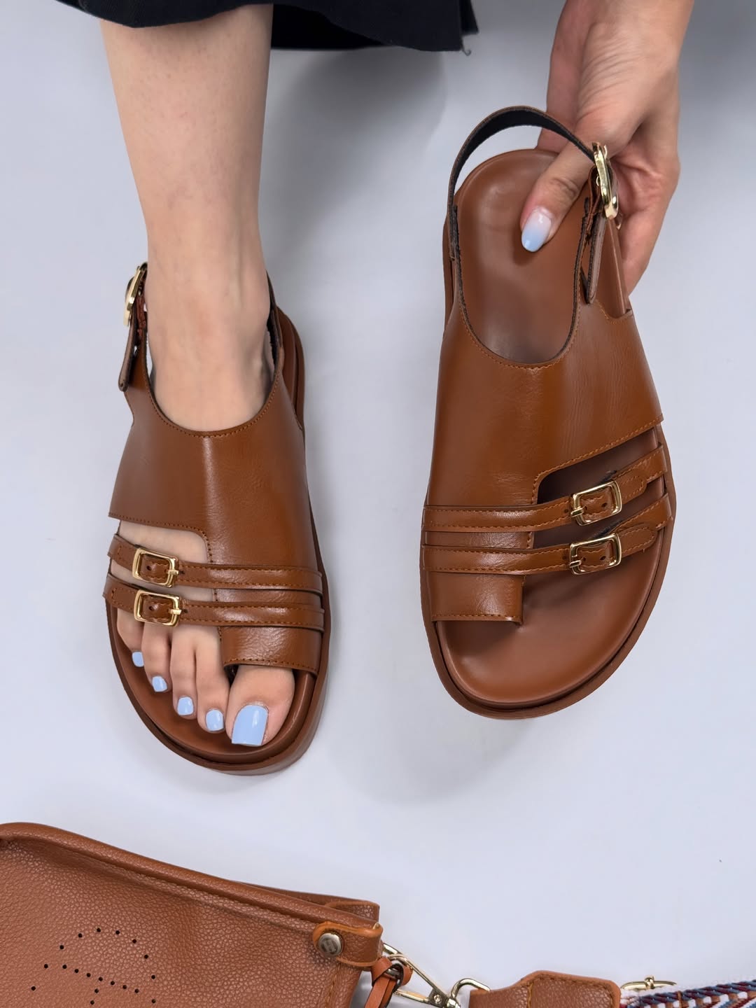 Vintage Double-Buckle Toe Loop Slingback Sandals