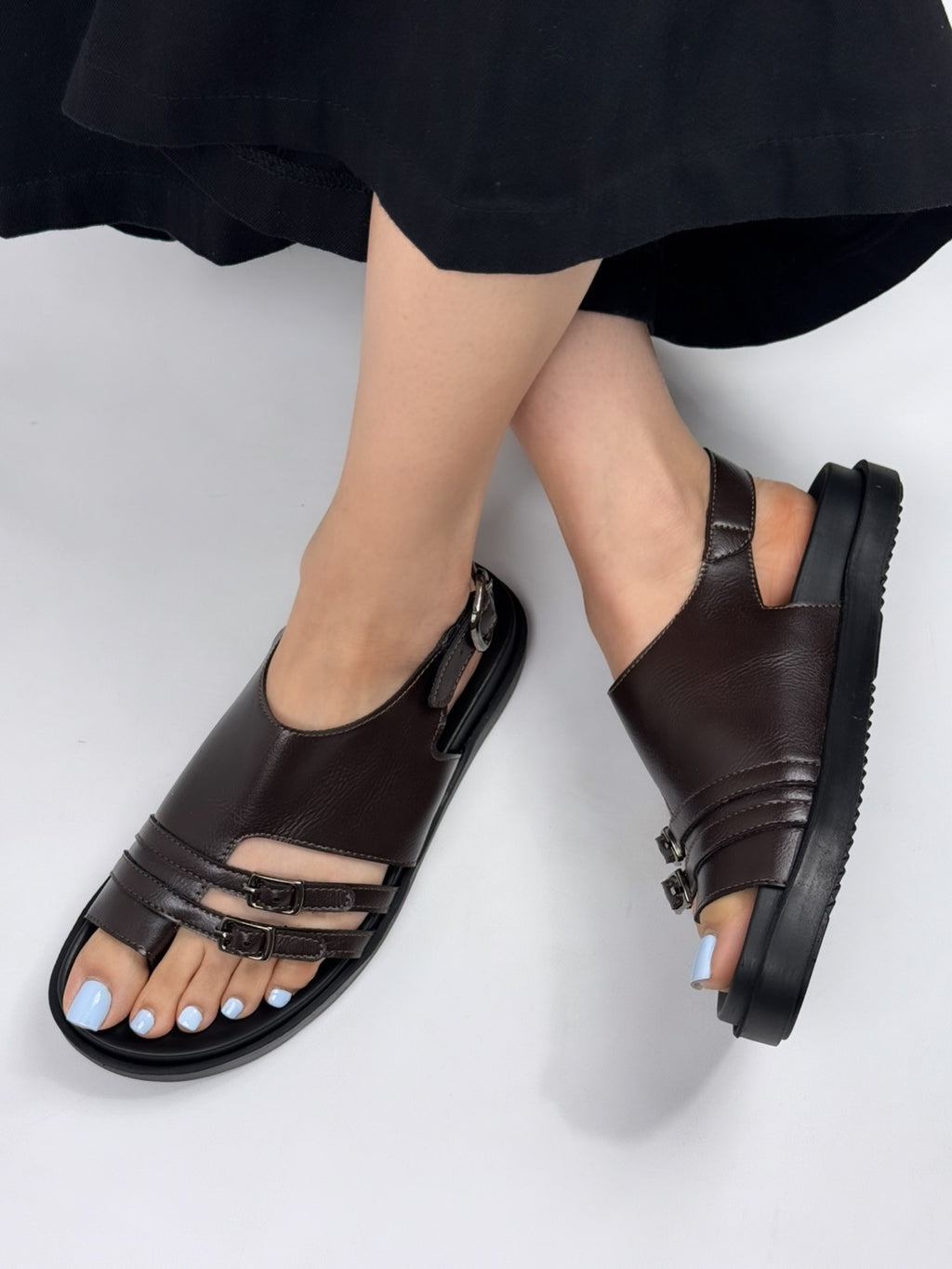 Vintage Double-Buckle Toe Loop Slingback Sandals