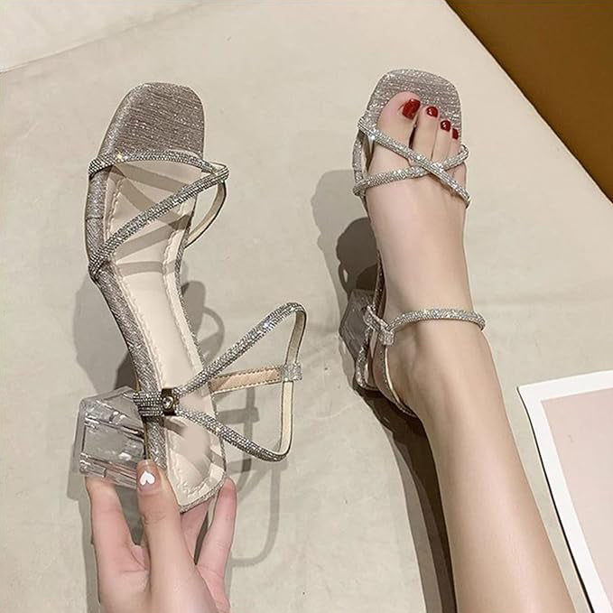 Ladies’ Rhinestone-Embellished Square-Toe Stiletto Sandals