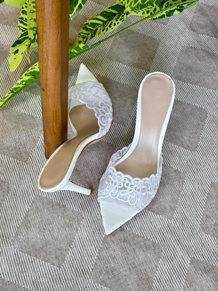 Ladies' Lace Embellished Pointed-Toe Mule Heels