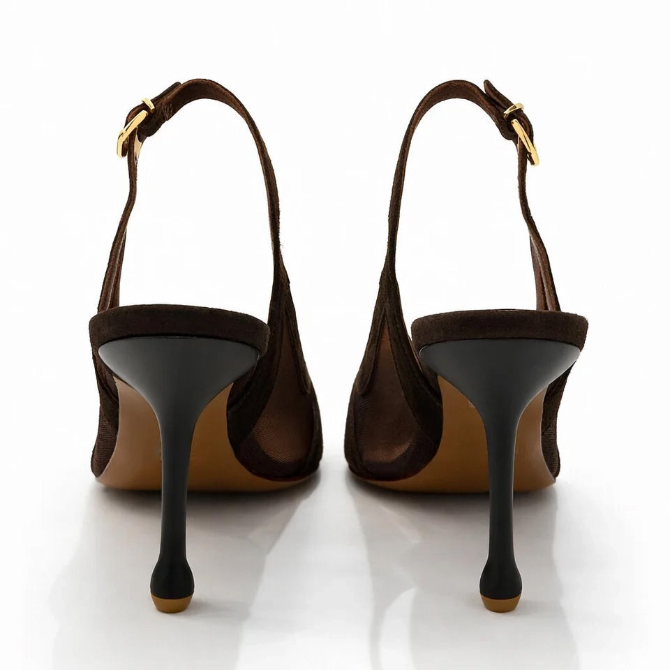 Ladies' Suede Mesh Slingback Sculptural Heel Pumps