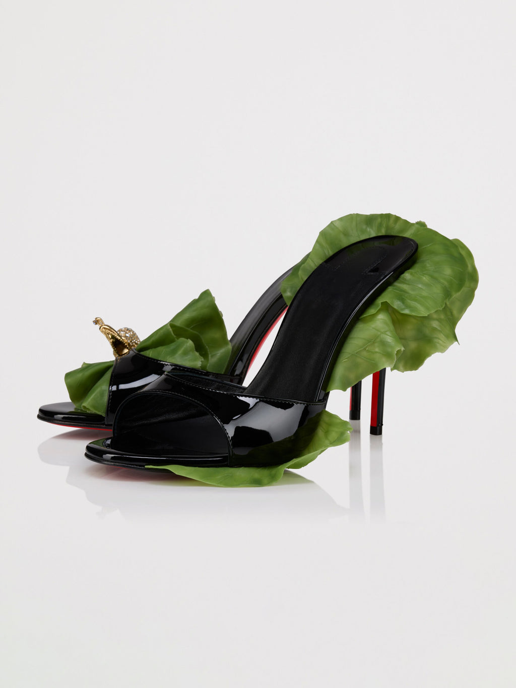 Women's Lettuce & Snail-Embellished Patent Leather Mule Heels