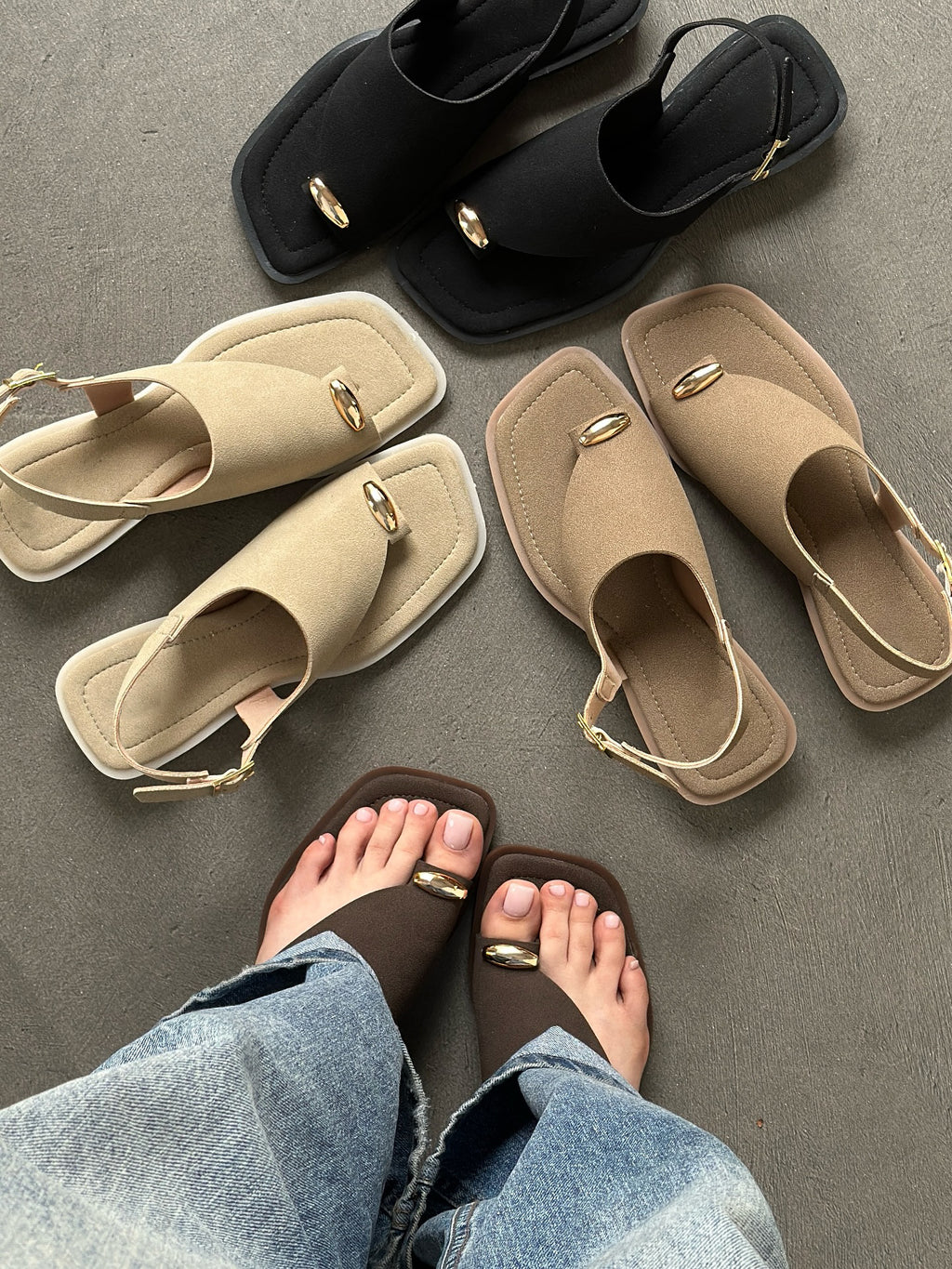 Square-Toe Metal Accent T-Strap Slingback Sandals