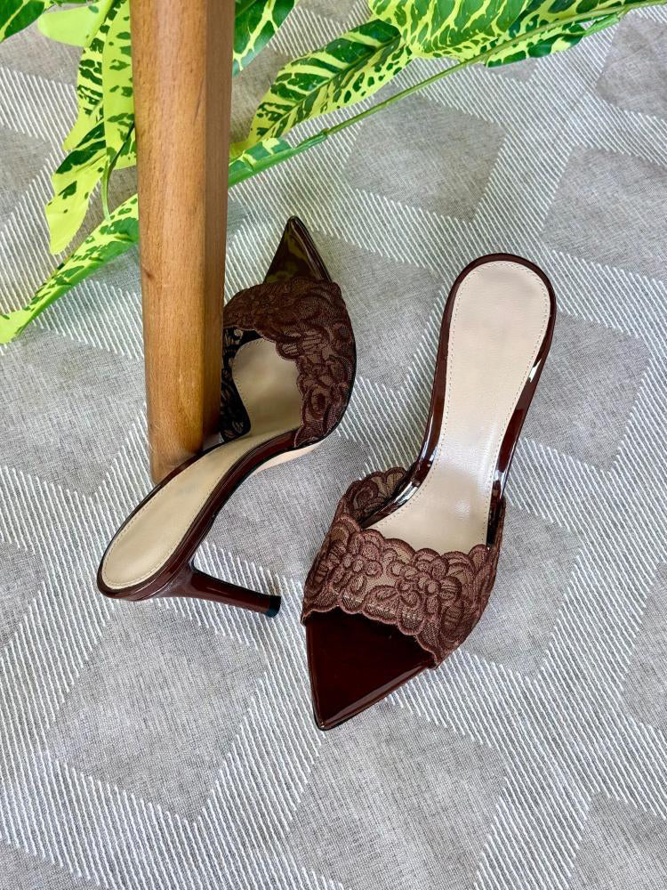 Ladies' Lace Embellished Pointed-Toe Mule Heels