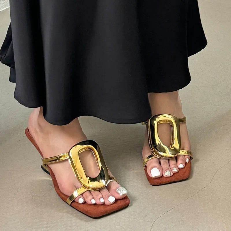 Ladies' Metal Buckle Wedge Heel Slide Sandals