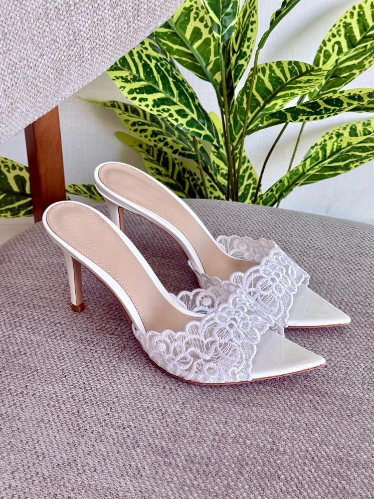 Ladies' Lace Embellished Pointed-Toe Mule Heels