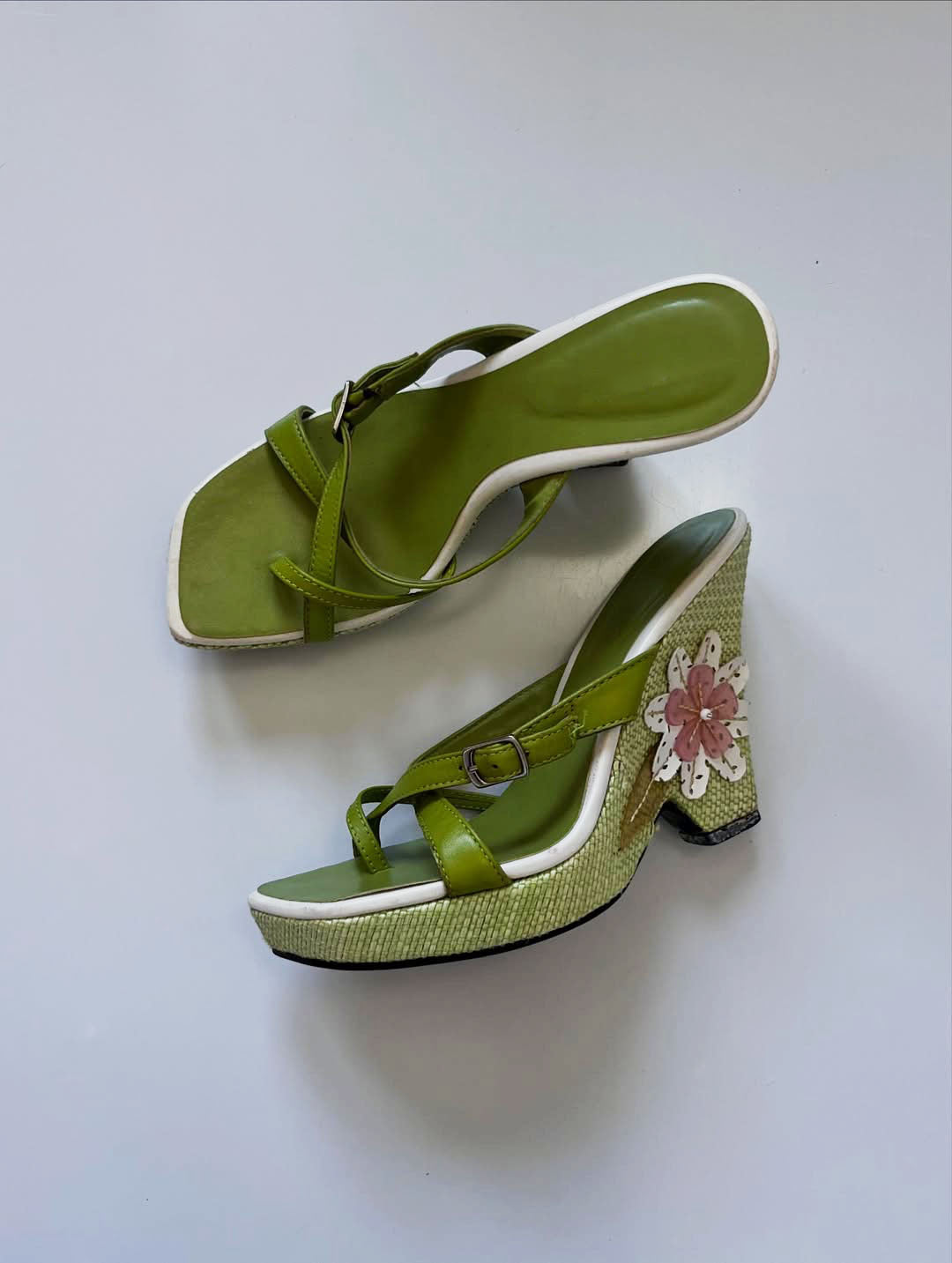 Vintage Green Leather Floral Wedge Sandals