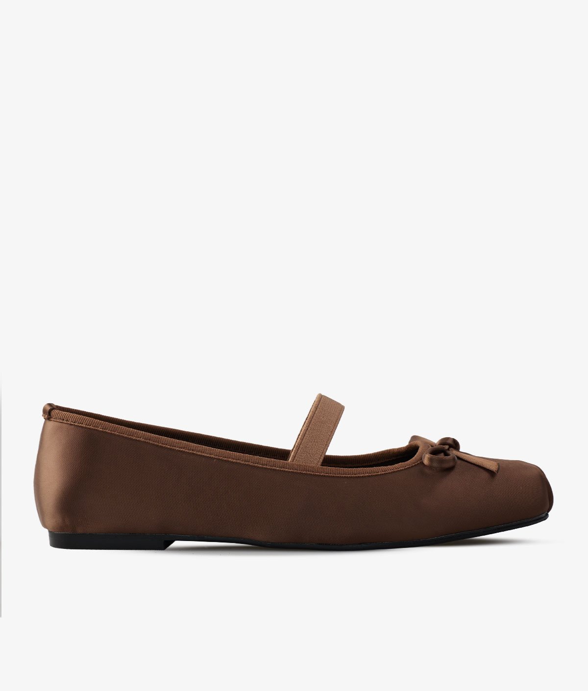 Satin Ruched Square-Toe Bow Single Strap Mary Jane Ballet Flats