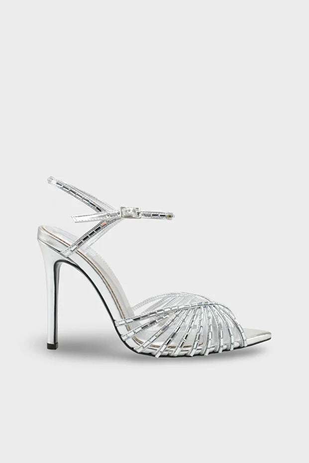 Fan-Shaped Cutout Rhinestone Pointed Toe Stiletto Ankle Strap Heels