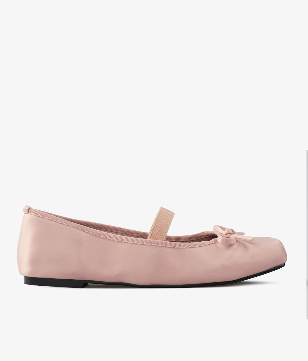 Satin Ruched Square-Toe Bow Single Strap Mary Jane Ballet Flats