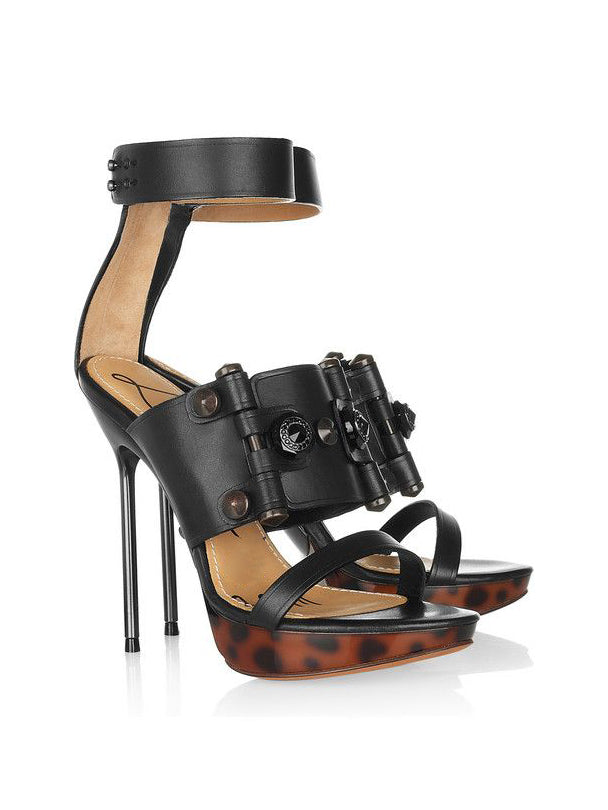 Black Leather Studded Platform Stiletto Heel Sandals