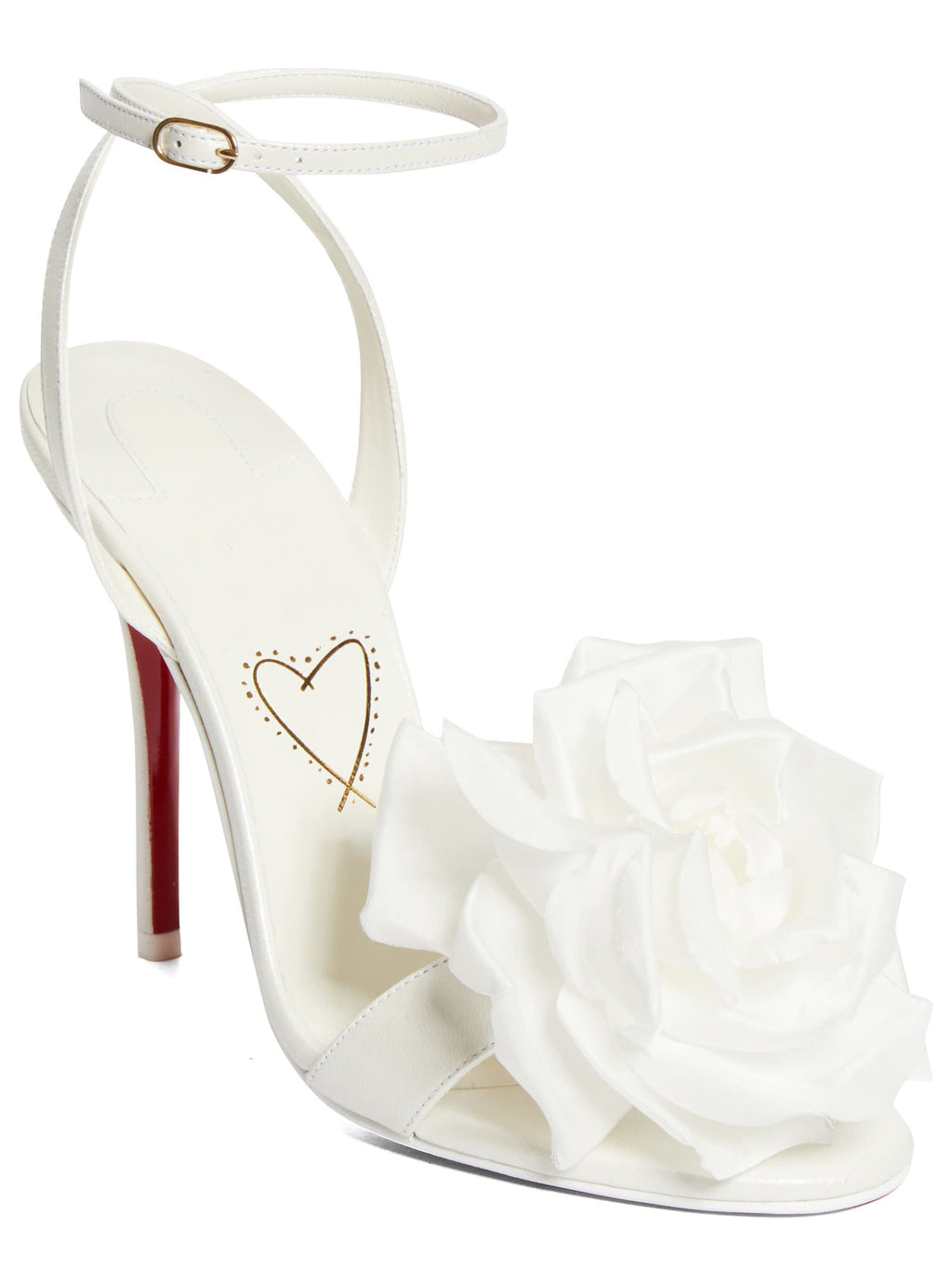Ladies' White Satin Rose Ankle-Strap Stiletto Sandals