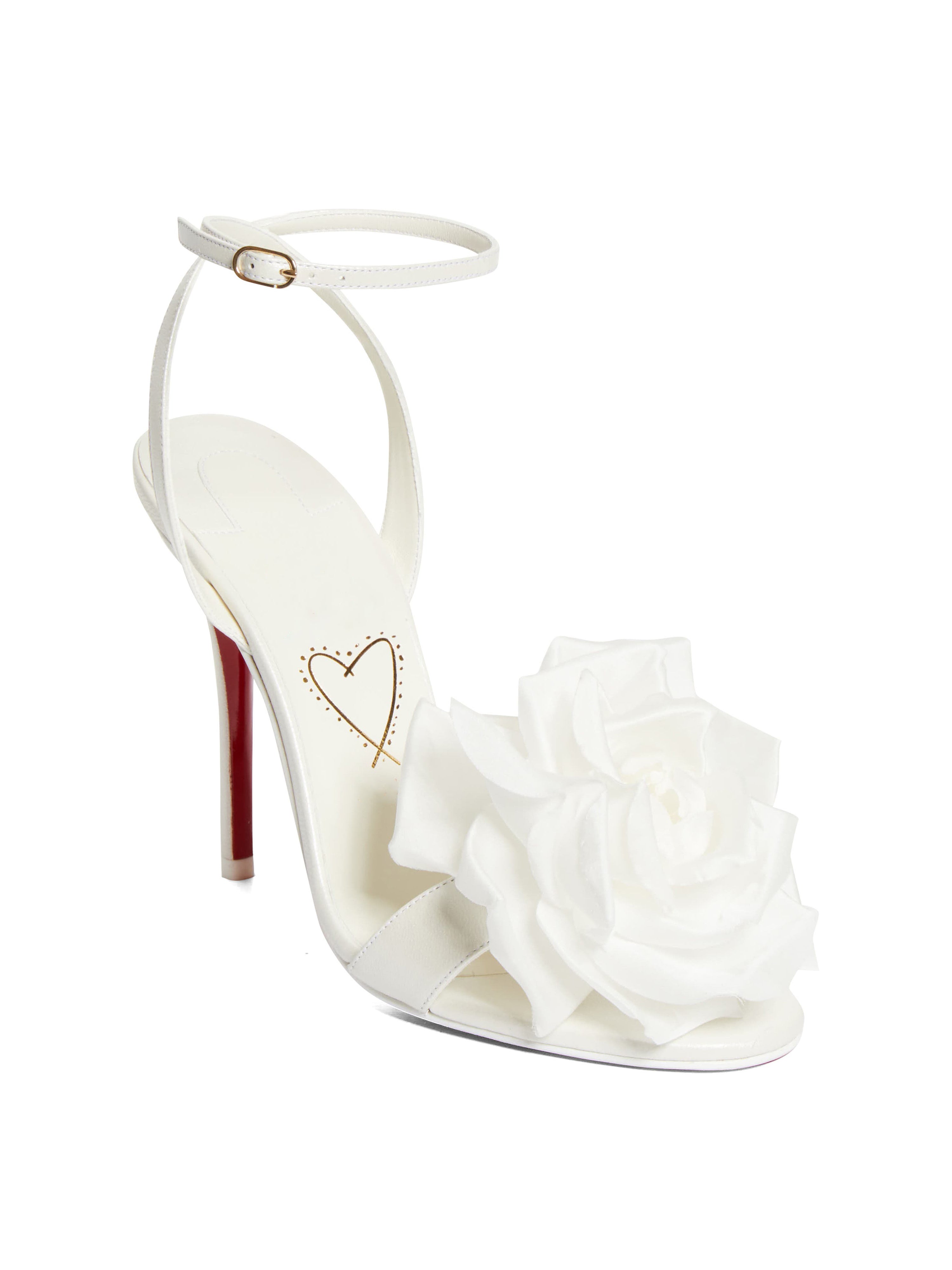 Ladies' White Satin Rose Ankle-Strap Stiletto Sandals