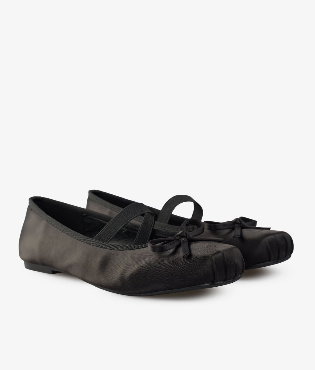 Satin Ruched Square-Toe Bow Single Strap Mary Jane Ballet Flats