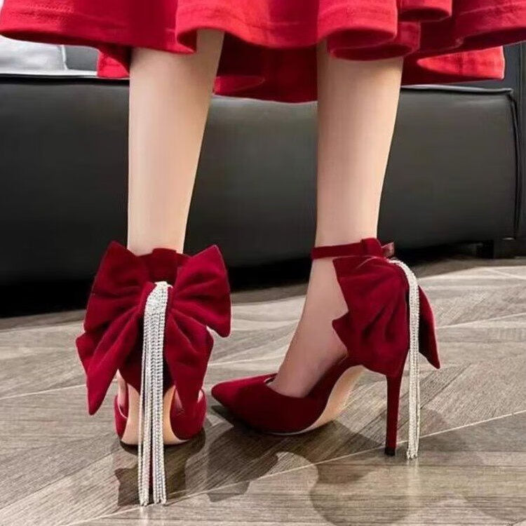 Ladies' Red Velvet Bow & Rhinestone Tassel Stiletto Heels