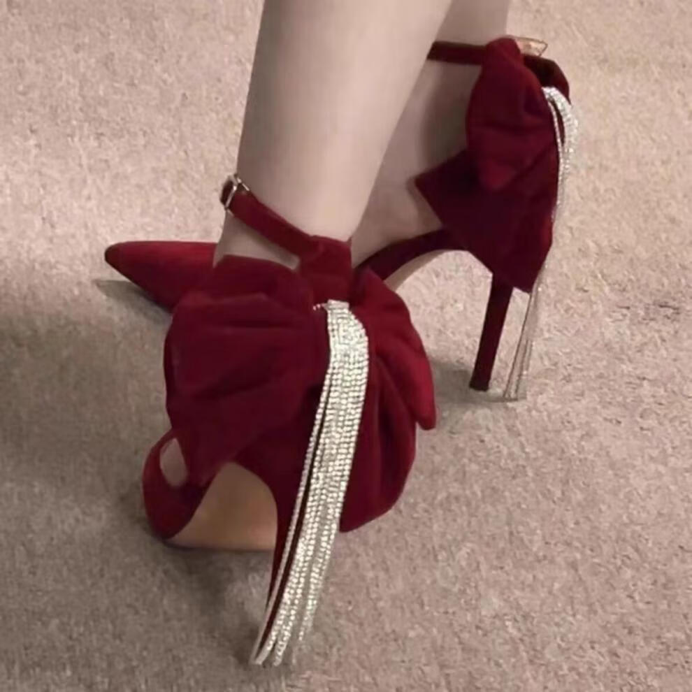 Ladies' Red Velvet Bow & Rhinestone Tassel Stiletto Heels