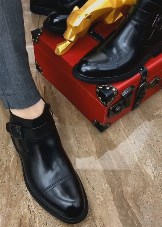 Polished Leather Buckle Dress Boots