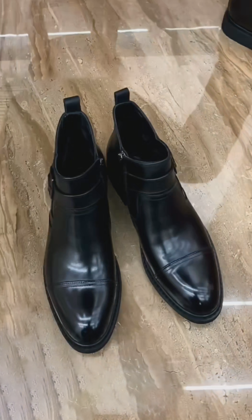 Polished Leather Buckle Dress Boots