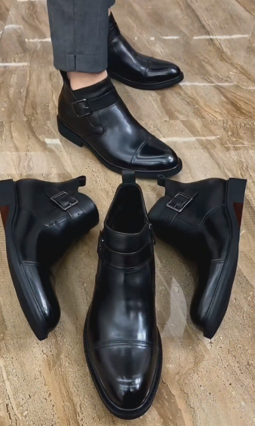 Polished Leather Buckle Dress Boots