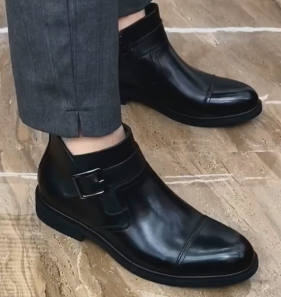 Polished Leather Buckle Dress Boots