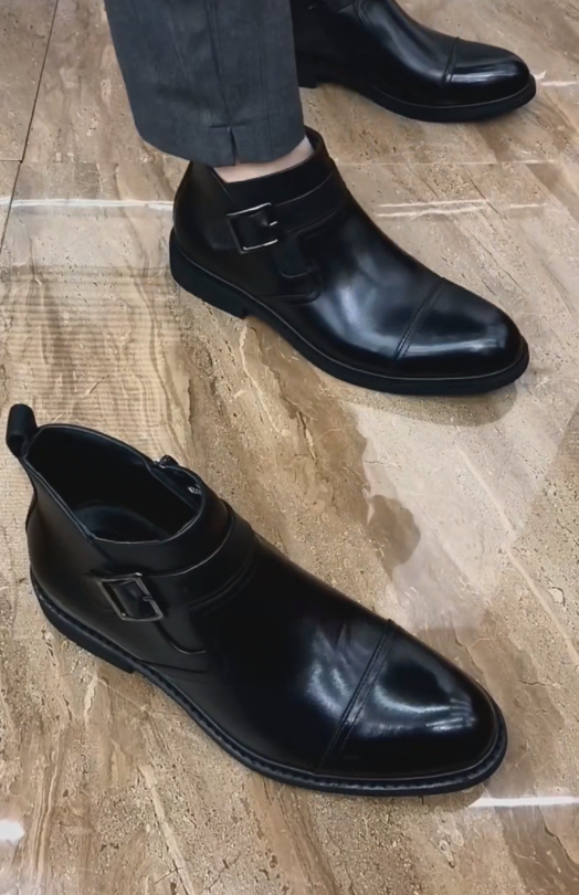 Polished Leather Buckle Dress Boots