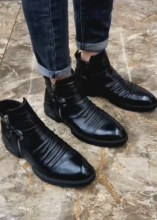 Embossed Buckle Ankle Boots With Side Zipper
