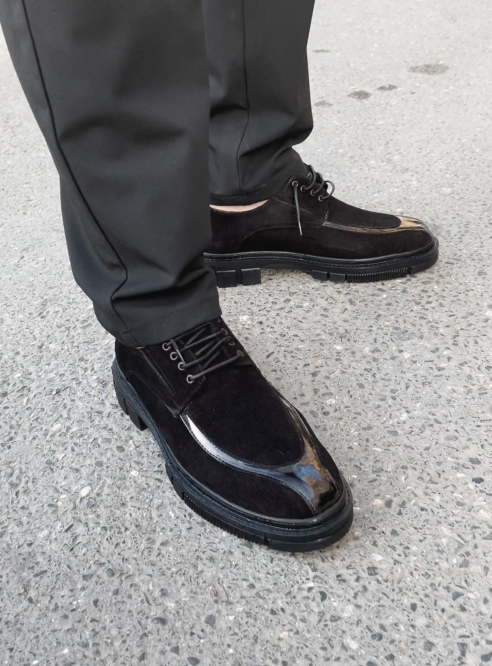 Suede & Patent Leather Panel Derby Shoes