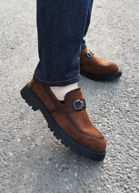 Suede Buckle Loafers With Chunky Lug Sole