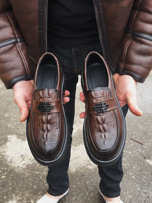 Crocodile-Embossed Leather Chinese Knot Buckle Loafers