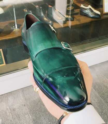Men's Green Patina Double Monk Strap Shoes