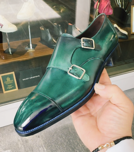 Men's Green Patina Double Monk Strap Shoes
