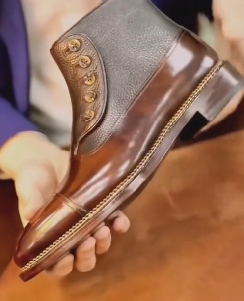 Men's Two-Tone Leather Button-Detail Ankle Boots
