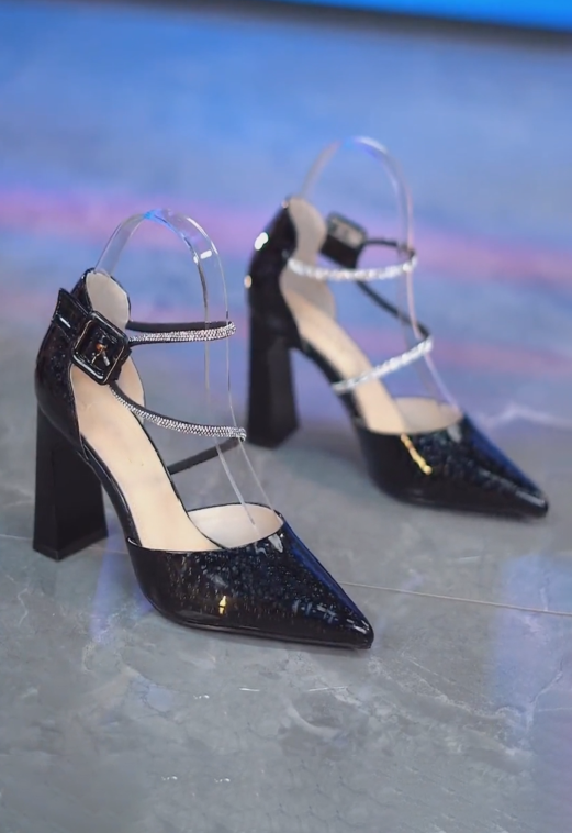 Ladies' Rhinestone Ankle-Strap Block Heel Pumps