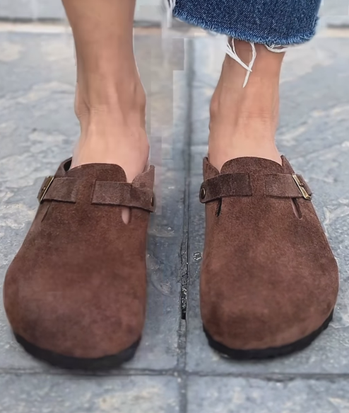 Ladies' Suede Clog Mules with Cork Footbed