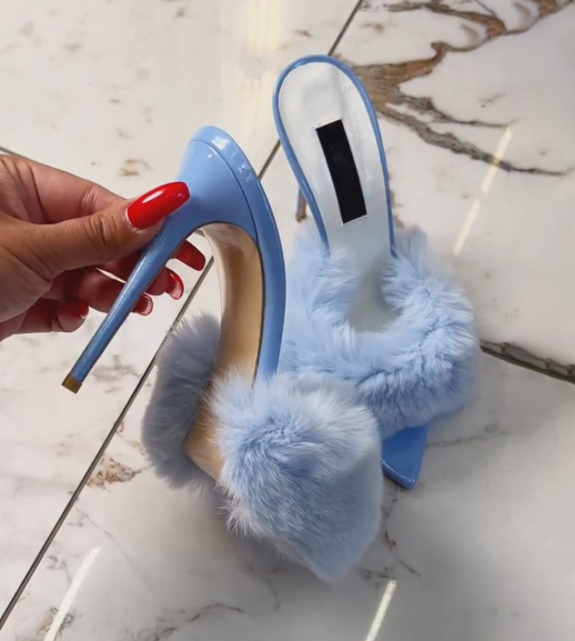 Women's Sky Blue Faux Fur Slipper Heels