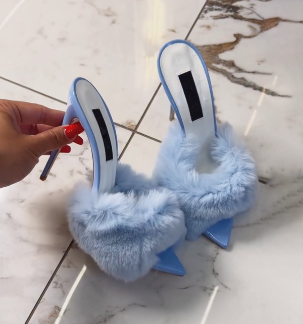 Women's Sky Blue Faux Fur Slipper Heels