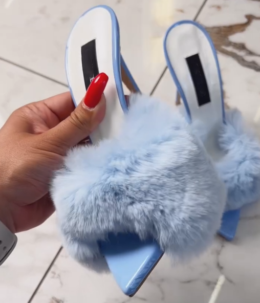 Women's Sky Blue Faux Fur Slipper Heels
