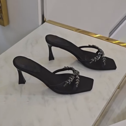 Ladies' Crystal Embellished Square Toe Flared Heel Mules