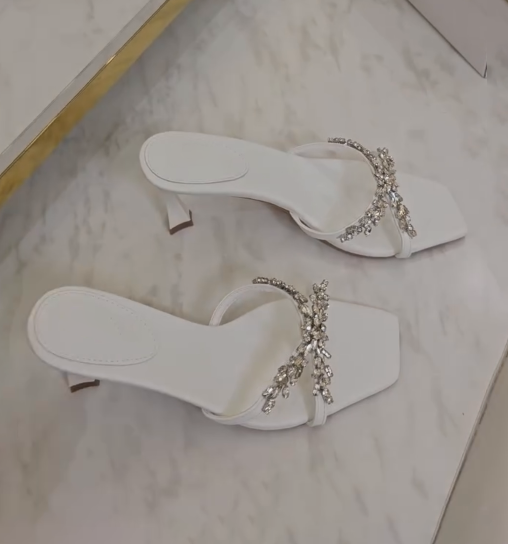 Ladies' Crystal Embellished Square Toe Flared Heel Mules