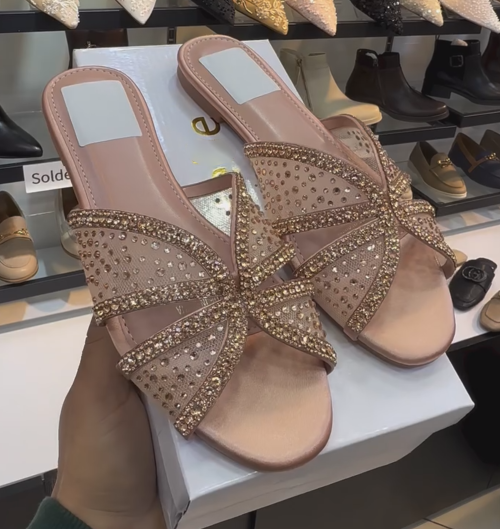 Ladies' Rhinestone Embellished Cross-Strap Mule Sandals