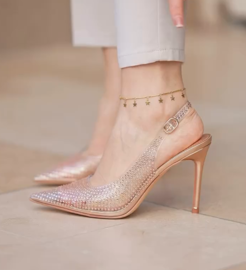 Ladies' Rhinestone-Embellished Clear Slingback Pumps