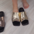 Ladies' Metallic Crinkled Leather Square-Toe Mule Sandals