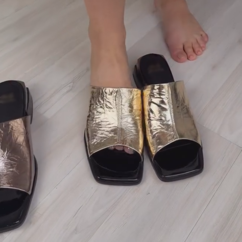 Ladies' Metallic Crinkled Leather Square-Toe Mule Sandals