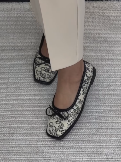 Ladies' Floral Embroidered Square-Toe Bow Flats