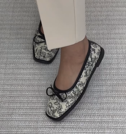 Ladies' Floral Embroidered Square-Toe Bow Flats