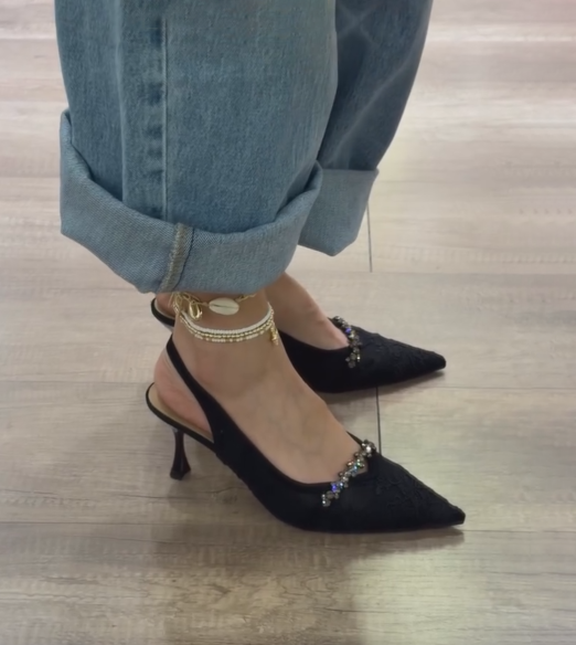 Ladies' Lace Slingback Pointed-Toe Stiletto Heels with Rhinestones