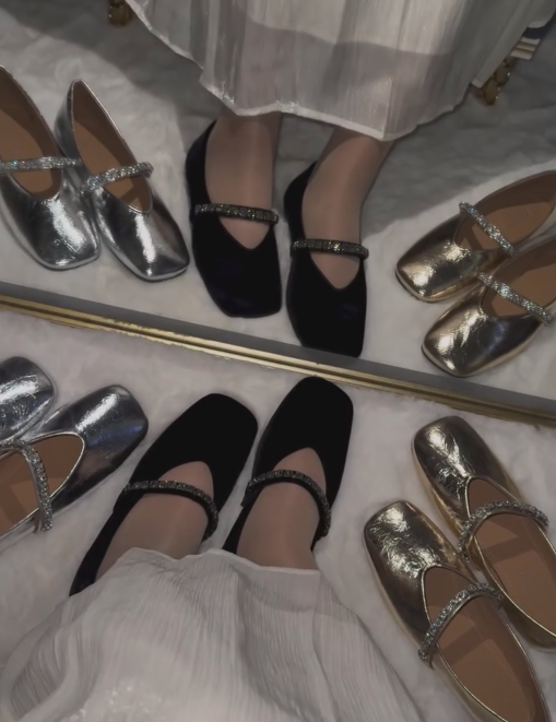 Ladies' Metallic Mary Jane Square-Toe Flats with Rhinestones