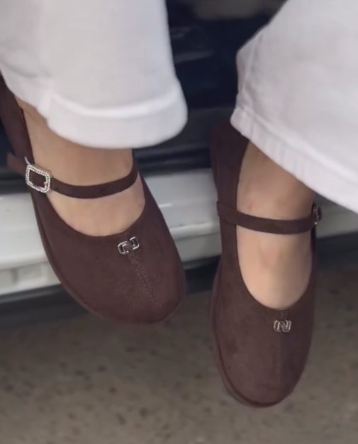 Ladies' Suede Mary Jane Flats with Rhinestone Buckle