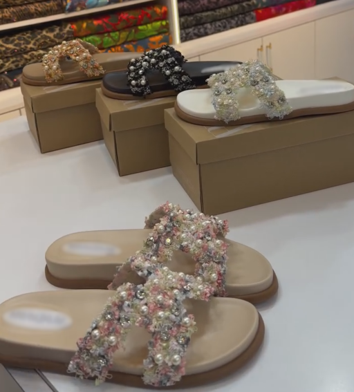 Ladies' Pearl & Rhinestone Textured Cross-Strap Mule Sandals