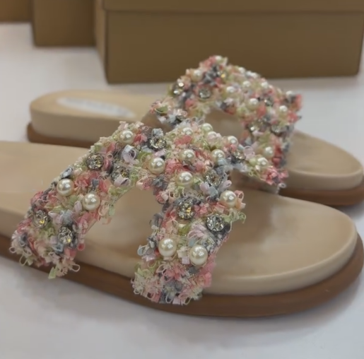 Ladies' Pearl & Rhinestone Textured Cross-Strap Mule Sandals